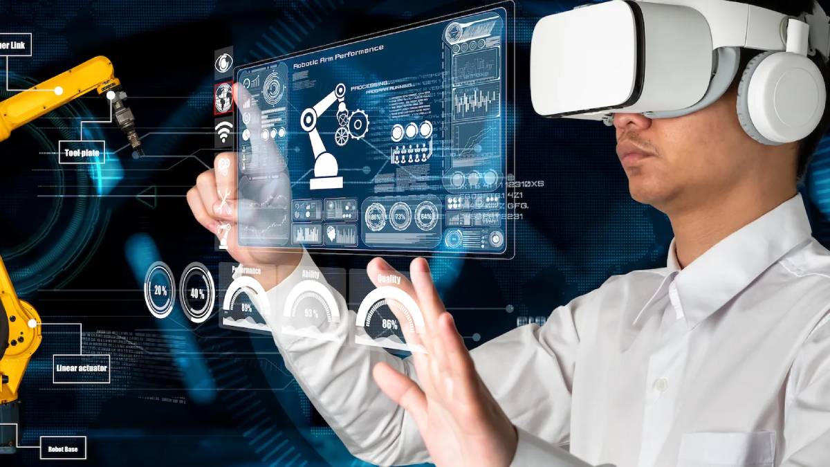 Man in virtual reality headset interacts with futuristic digital interface showing robotics and technology analytics.