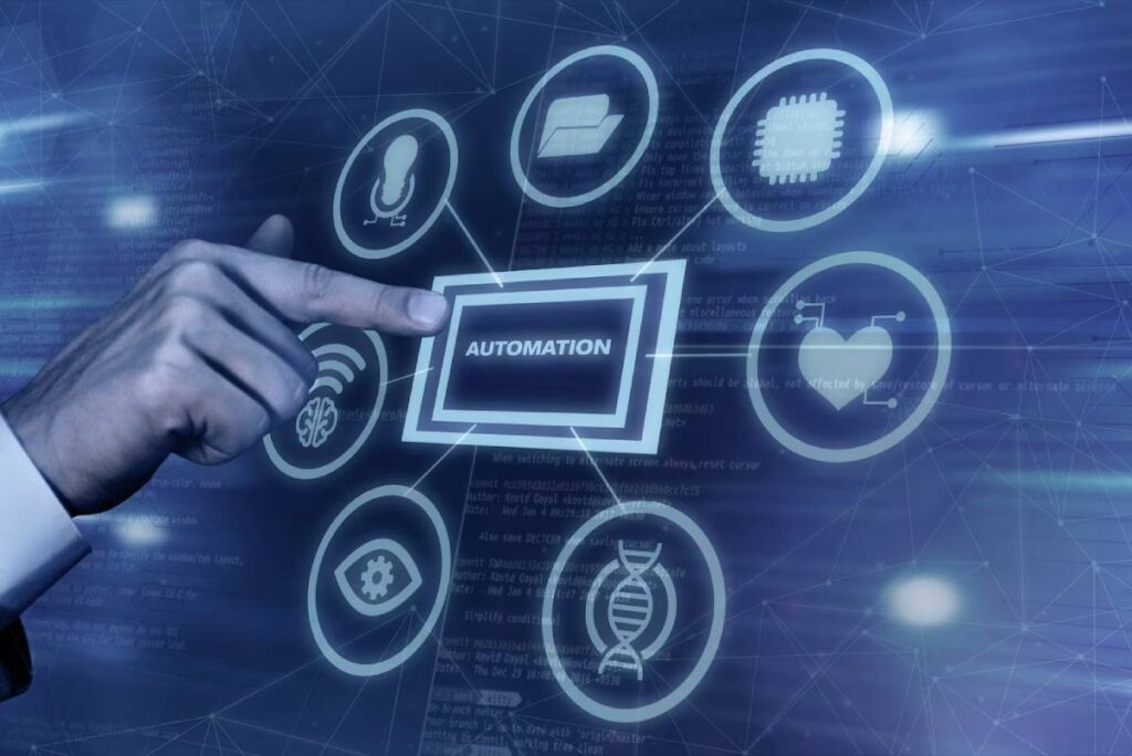 A person's hand interacting with a futuristic digital interface displaying icons related to automation technology.