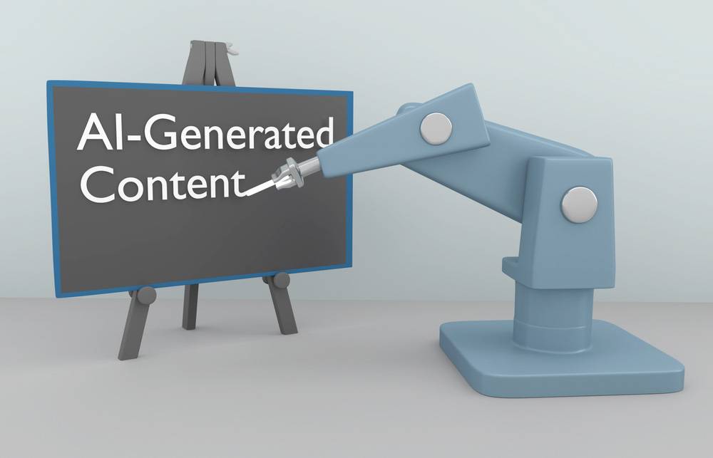 A stylized robotic arm writing 