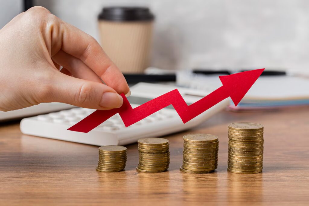Illustration of a robot analyzing dynamic pricing charts with a rising trend line, symbols of AI, and colorful bar graphs.