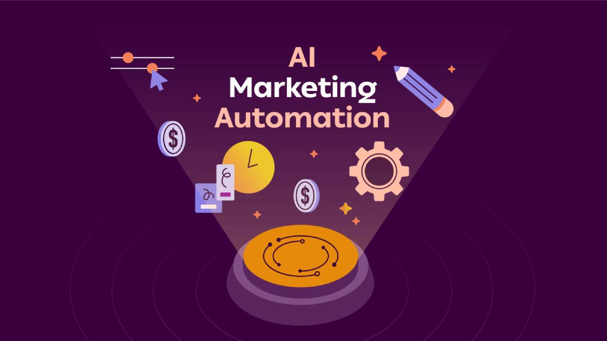 Illustration depicting various elements of AI Marketing Automation, featuring icons like gears, clocks, and money symbols on a purple background.