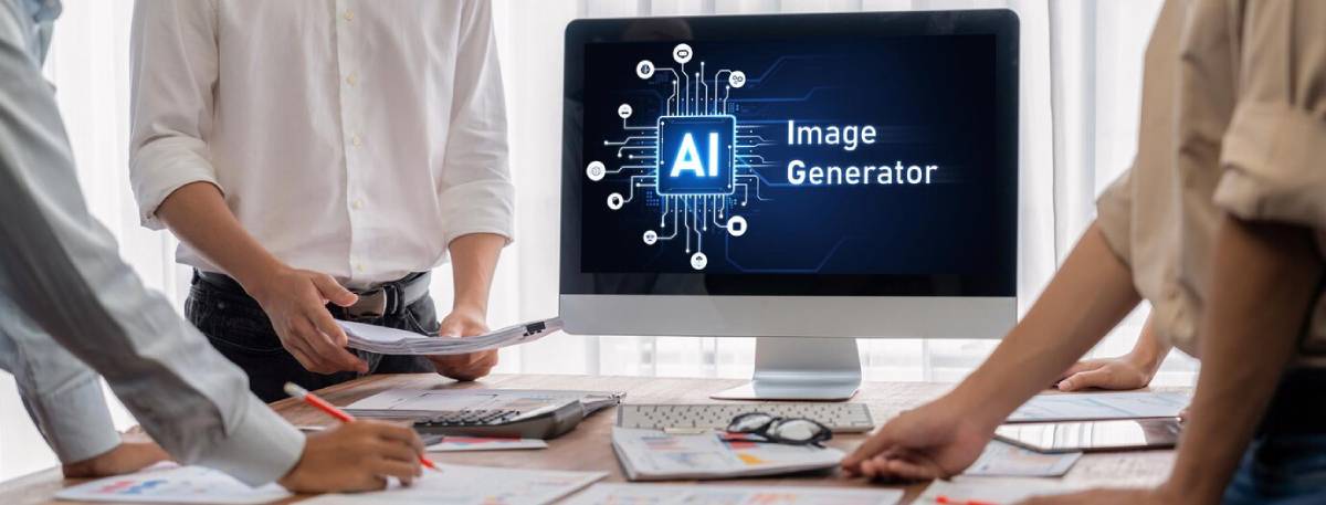 Professionals work around a computer displaying AI technology in a modern office setting.