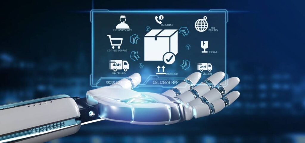 Robotic hand interacting with a holographic display of delivery service options.