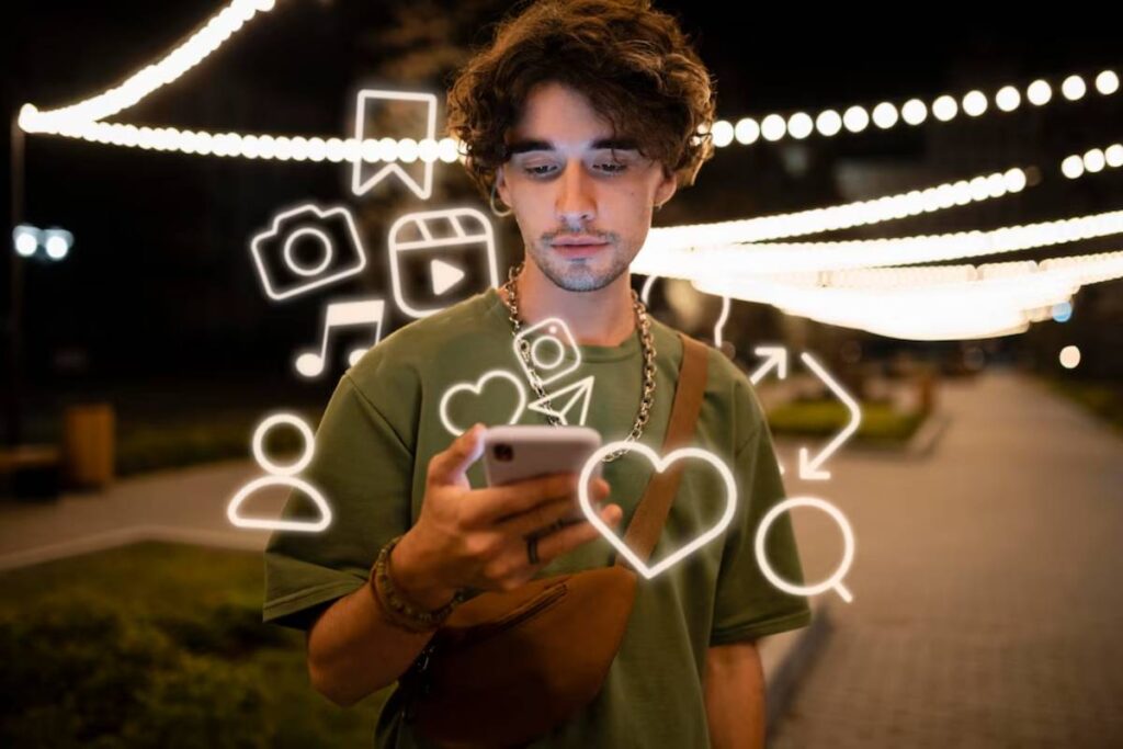 Young man using smartphone at night with glowing social media icons around him.