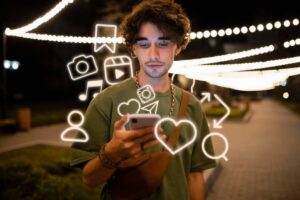 Young man using smartphone at night with glowing social media icons around him.