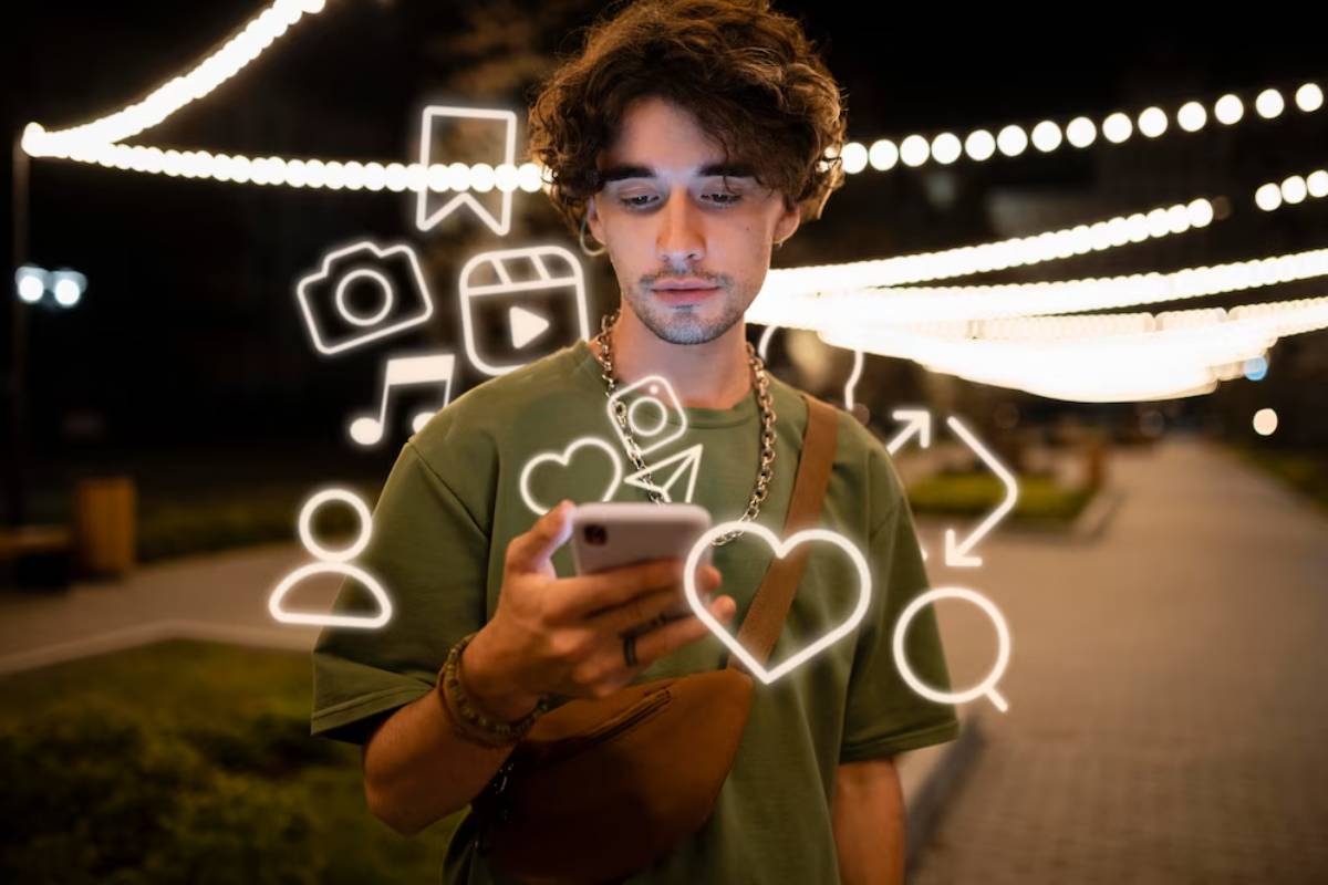 Young man using smartphone at night with glowing social media icons around him.