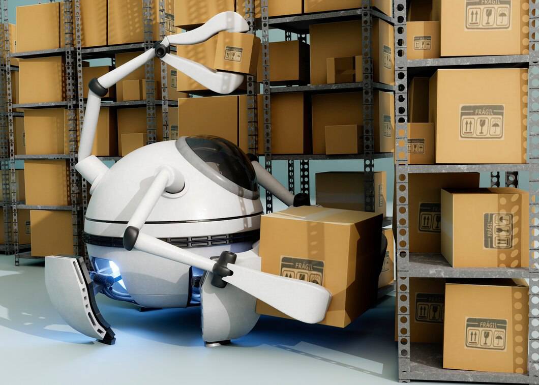 Robot with multiple arms handling a cardboard box in a warehouse filled with shelves of packages.