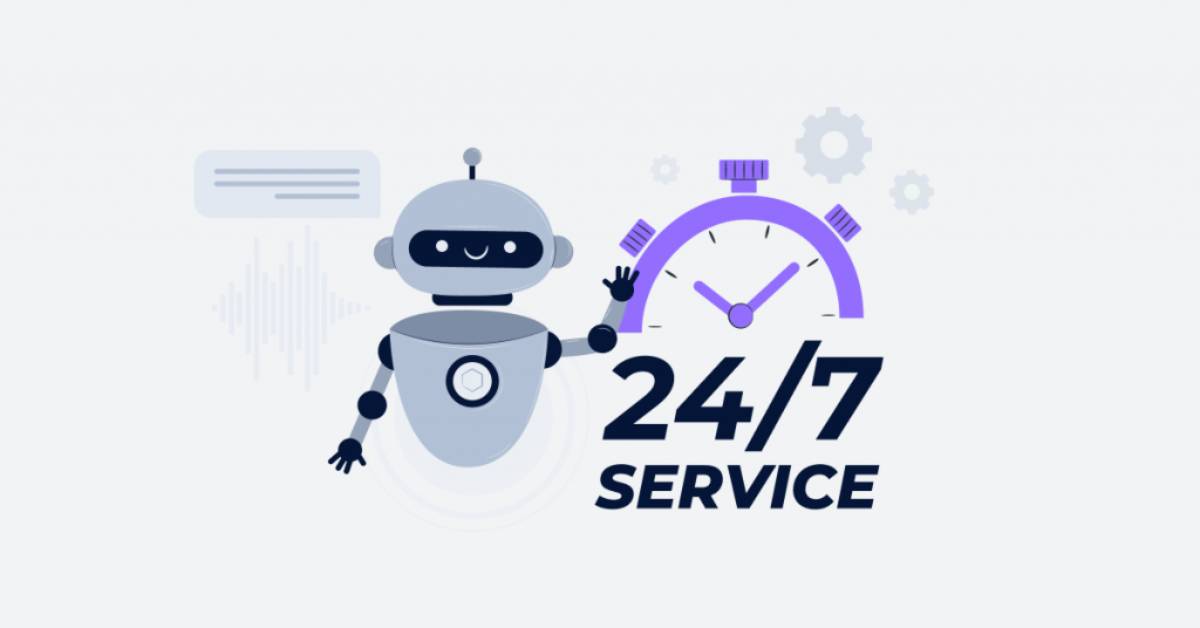 Illustration of a friendly robot beside a 24/7 Service sign, symbolizing continuous customer support.