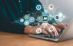 Person using a laptop with futuristic social media and AI icons floating above the screen.