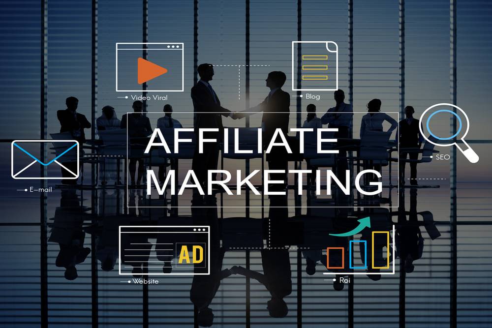 Silhouetted business meeting with digital affiliate marketing icons overlaid, in a modern office setting at dusk.