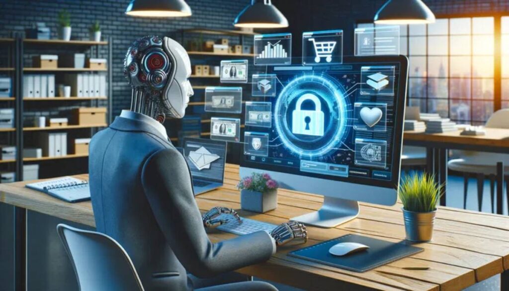 A digital composite highlighting AI technology in fraud detection with graphic elements over a city skyline and hands interacting with displays.