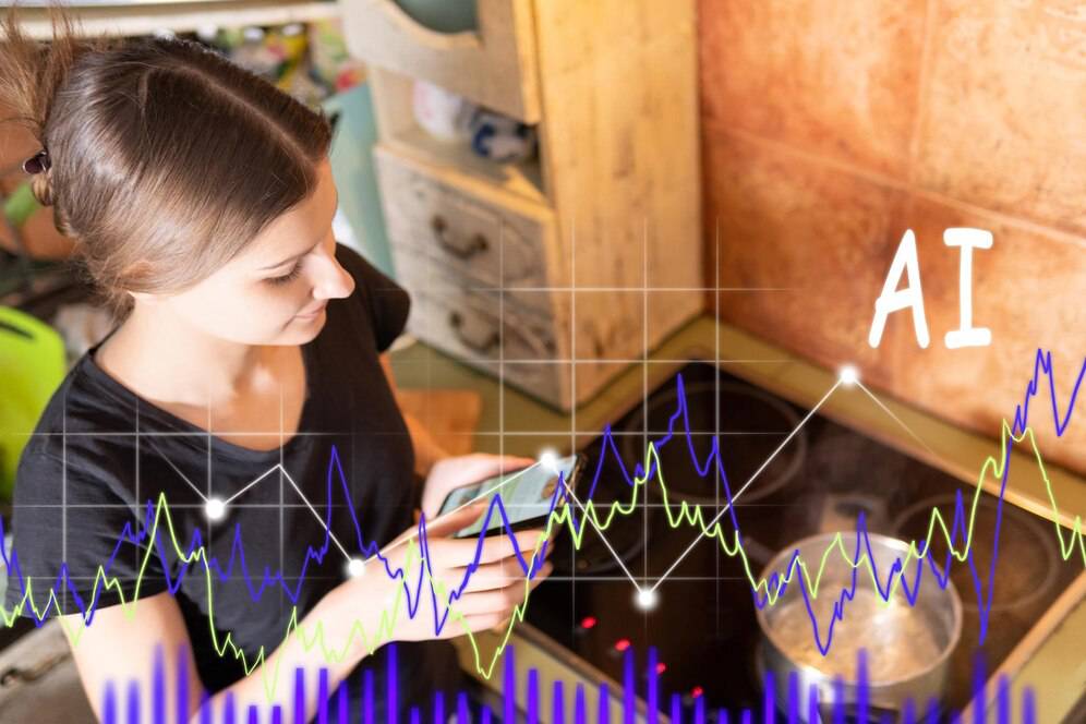 Young woman using smartphone with overlaid graphics of AI technology and data visualization in a workshop setting.