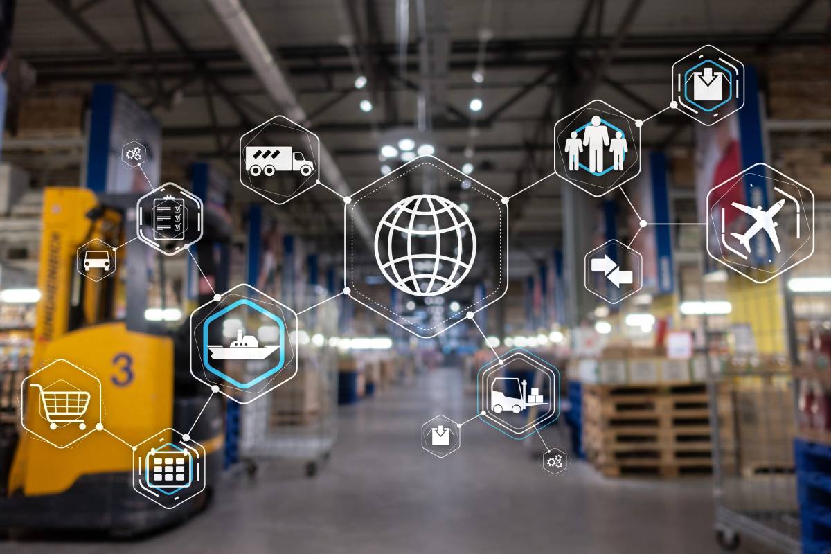 Warehouse with digital icons representing logistics technologies like transportation, shipping, and inventory management overlaying the scene.