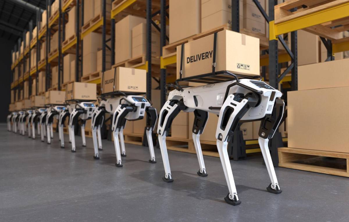 A line of robotic dogs carrying delivery boxes in a warehouse.