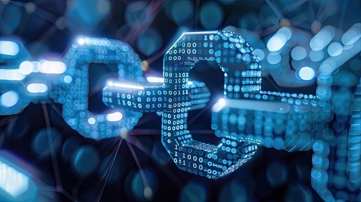 Digital image of a glowing blue blockchain link made of binary code, representing cybersecurity and data encryption.