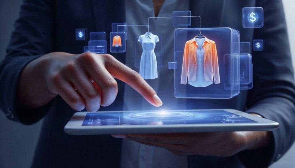 Person using a tablet displaying holographic images of clothing and price tags, showcasing a futuristic online shopping experience.