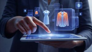 Person using a tablet displaying holographic images of clothing and price tags, showcasing a futuristic online shopping experience.