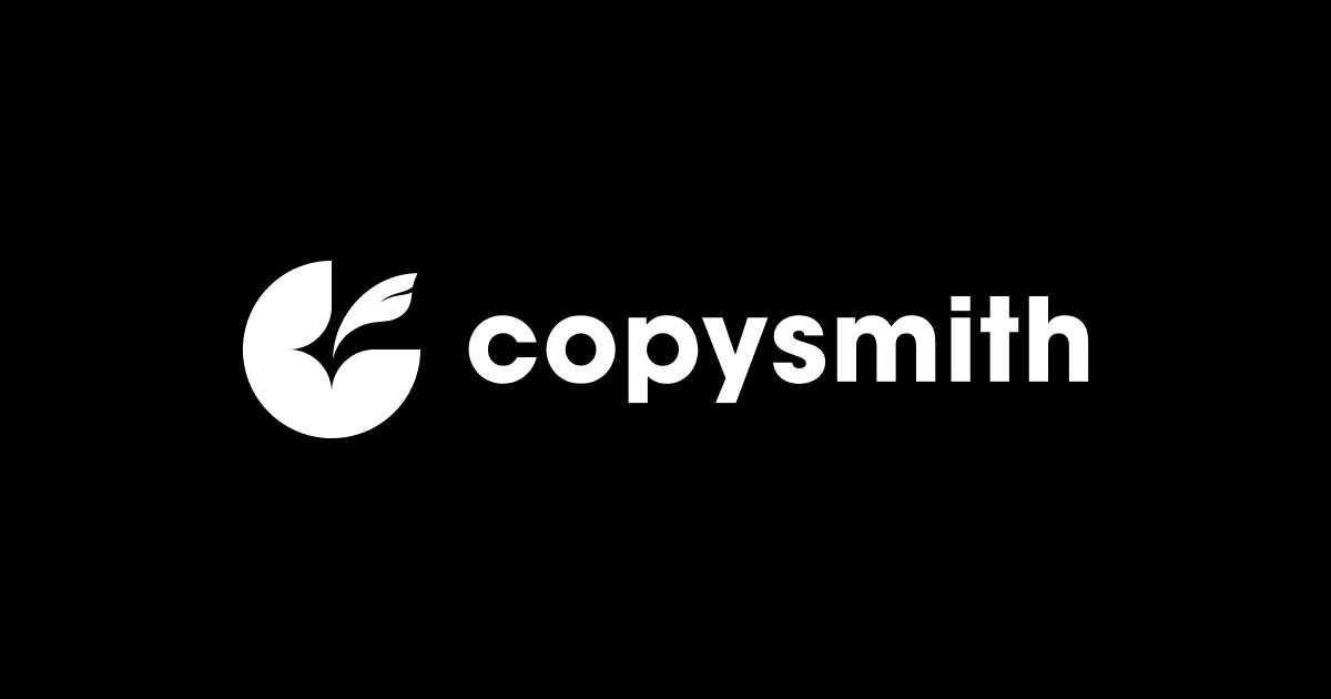 Logo of Copysmith featuring a stylized white quill in a circle next to the name in white text on a black background.