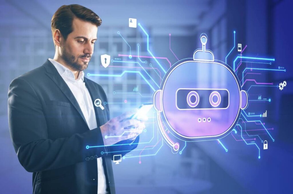 Businessman using smartphone with futuristic digital overlay of a chatbot interface and data analytics in a corporate setting.