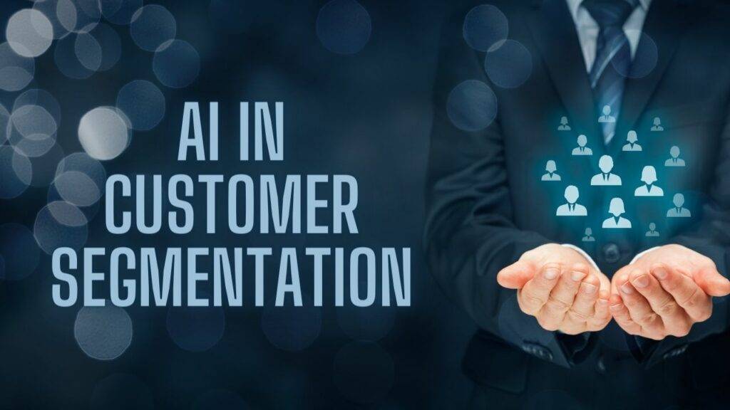 Businessman presenting AI in Customer Segmentation concept with digital icons over hands.