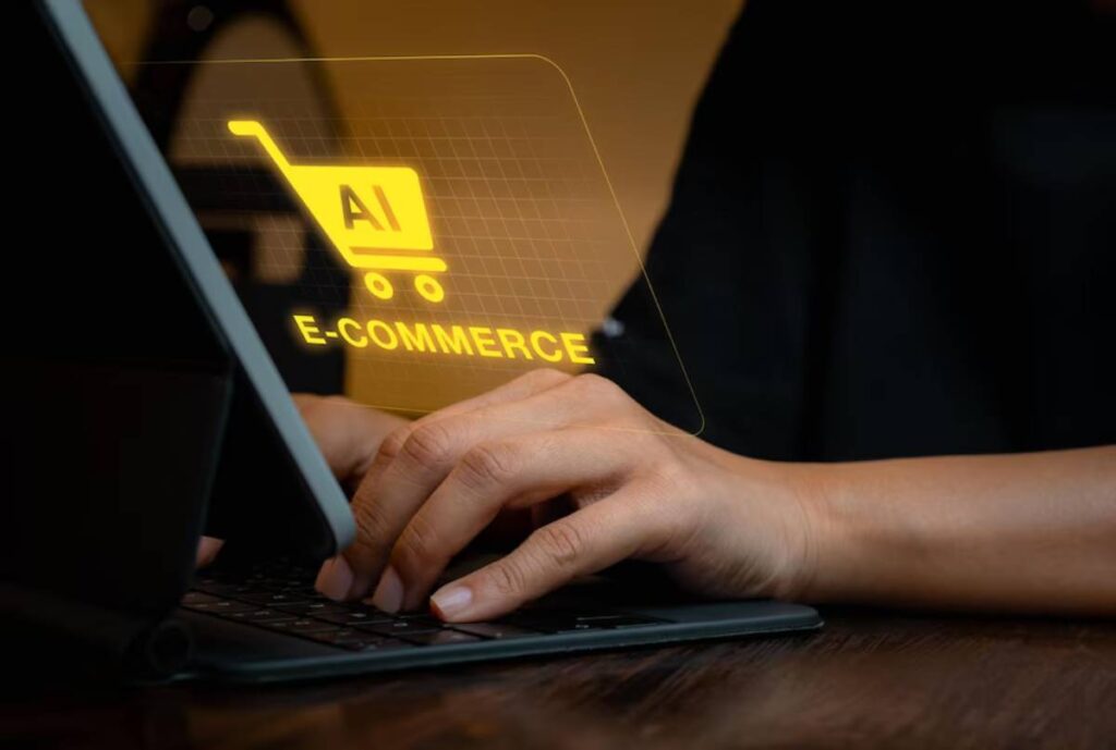 Person using a tablet, displaying a holographic AI and e-commerce concept, typing on a virtual keyboard.
