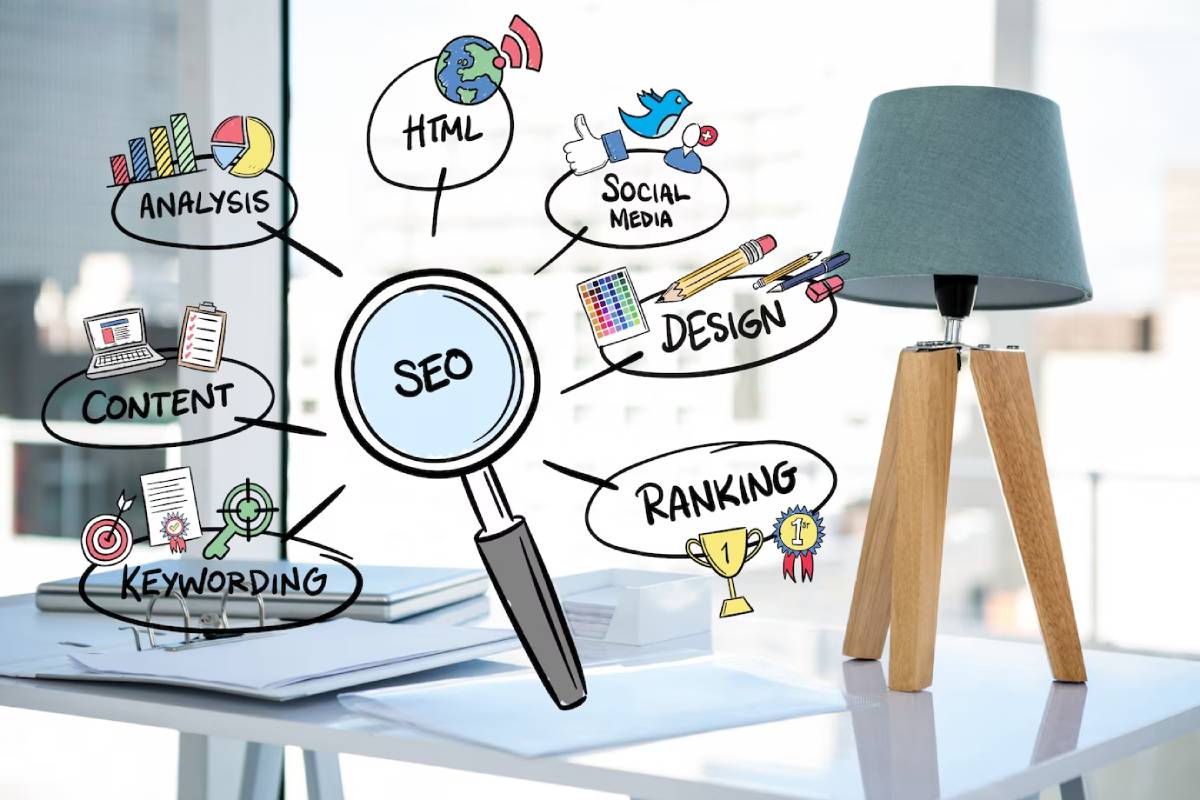 Modern office desk with thought bubbles illustrating various digital marketing concepts like SEO, social media, and web design.