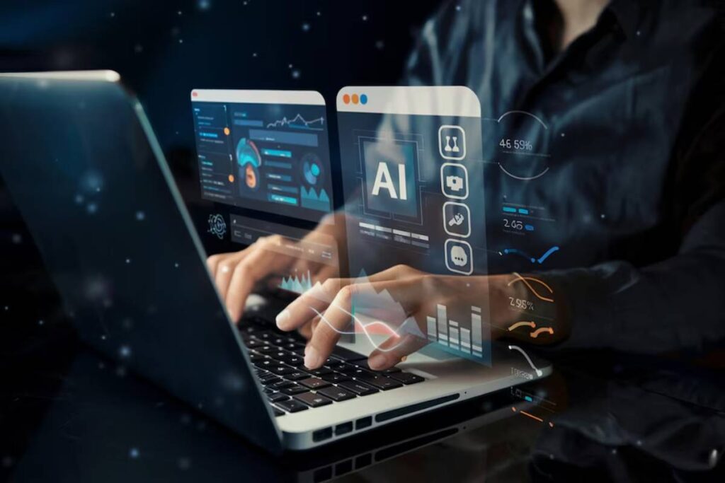 Person using a laptop with futuristic artificial intelligence interface graphics displayed around it.