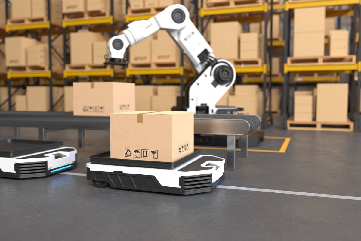 Automated warehouse scene with a robotic arm, automated guided vehicles, and boxes on conveyors.