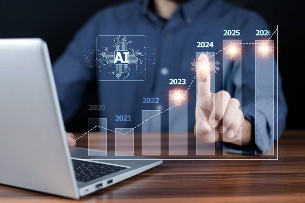 Man interacting with augmented reality interface showing AI development timeline from 2020 to 2026 with upward trend graph.