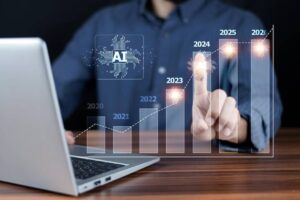 Man interacting with augmented reality interface showing AI development timeline from 2020 to 2026 with upward trend graph.
