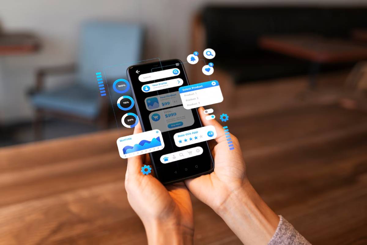 Hands holding a smartphone displaying various interactive icons and statistics, symbolizing digital connectivity and smart technology usage.