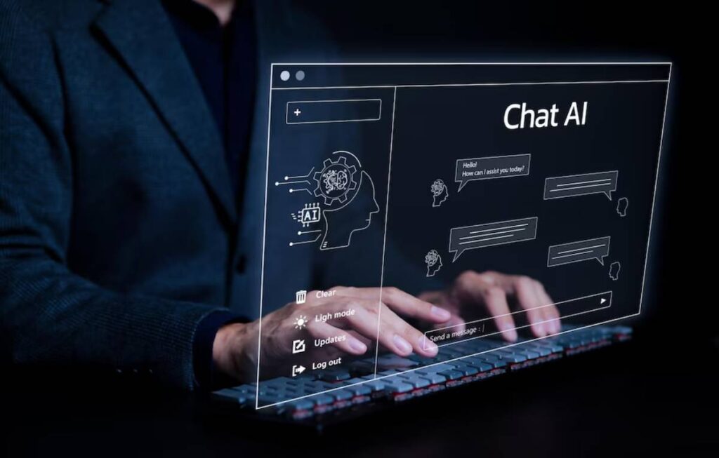 A person using a futuristic, transparent laptop with a Chat AI interface displayed on the screen.