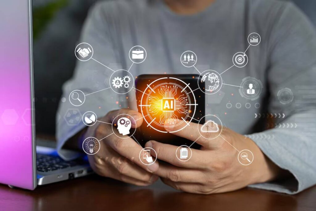 Person using a smartphone with AI and technology icons floating around it, symbolizing advanced digital interaction.