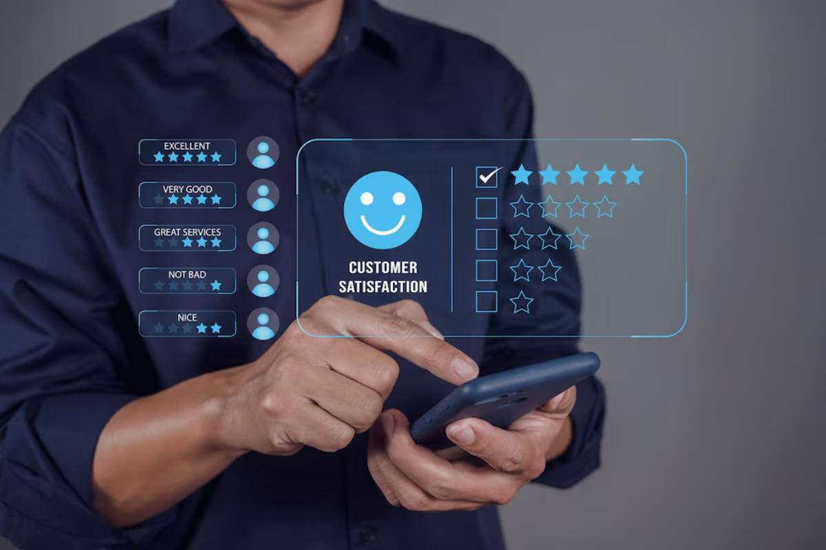 A man using a smartphone to interact with a digital customer satisfaction survey, visible as a holographic display.