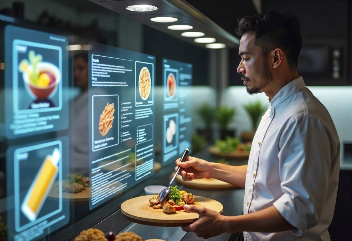A chef uses a digital menu screen to garnish a dish in a modern kitchen.