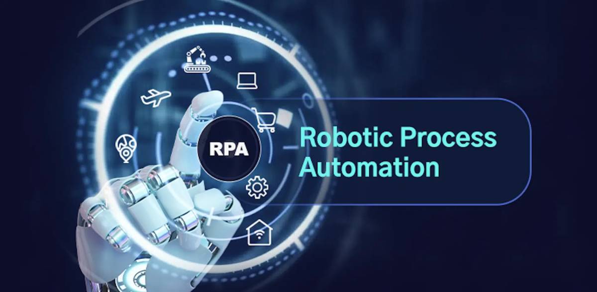 A robot hand interacting with digital interfaces related to Robotic Process Automation (RPA) in a blue technological background.