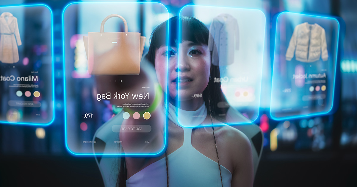 A young woman viewing translucent digital shopping displays with various products highlighted in a futuristic urban setting.