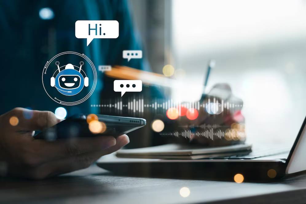 Person using a smartphone with chatbot interface graphics and audio waveforms visible, indicating a digital communication concept.