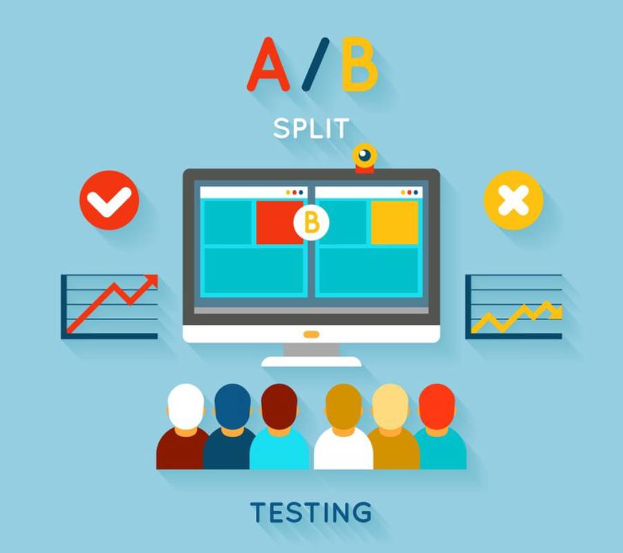 Graphic of A/B split testing concept showing a laptop with two webpage versions, percentage scores, and approval icons.