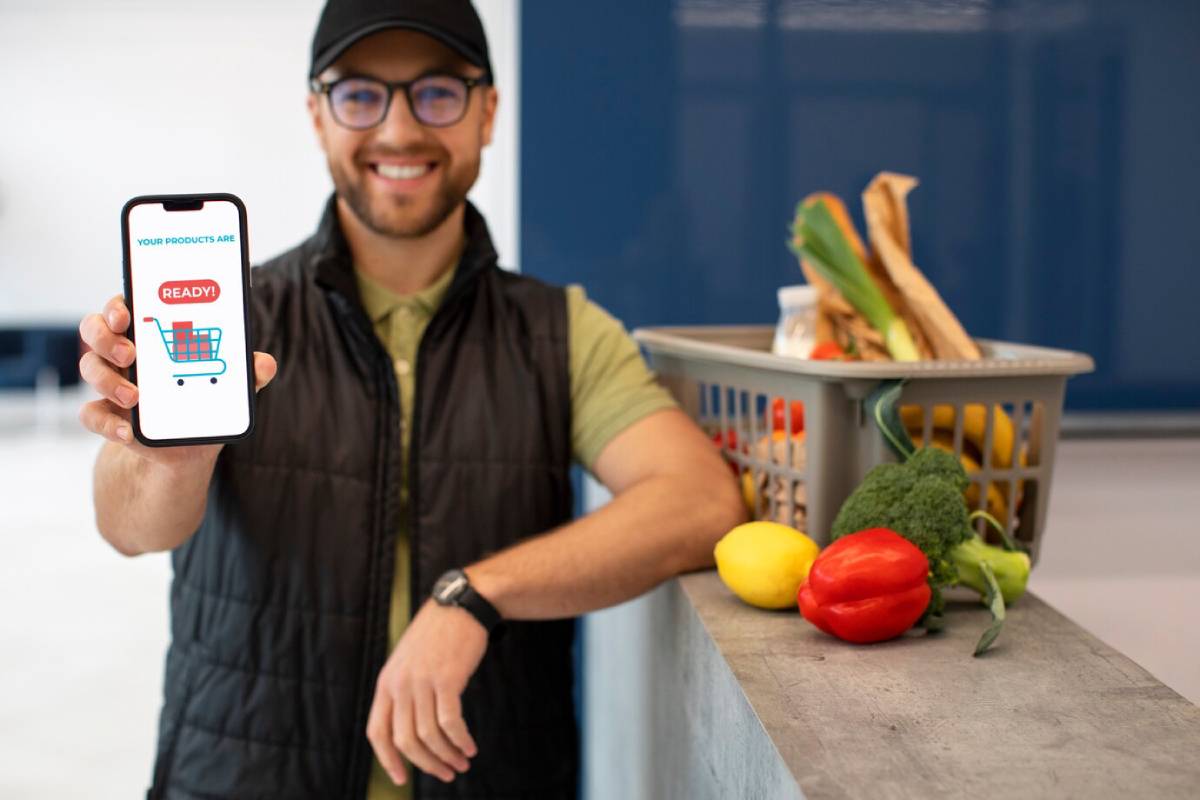 A smiling man in glasses shows a phone screen saying READY next to a grocery basket filled with fresh produce.