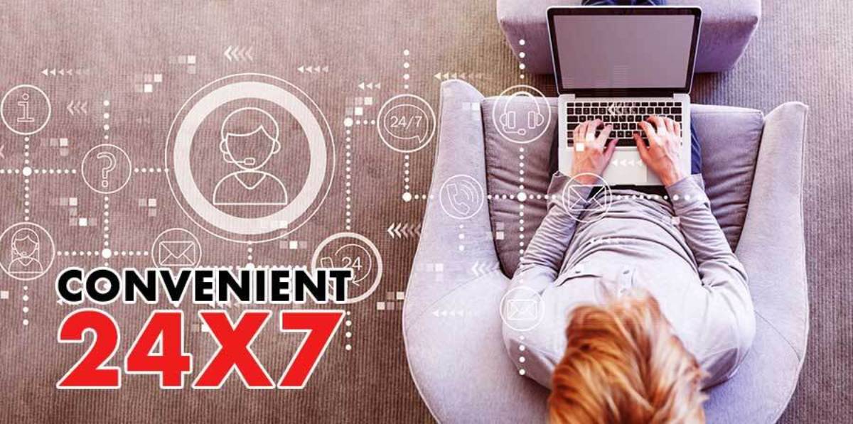 Overhead view of a person on a couch using a laptop, overlaid with digital customer service icons and Convenient 24x7 text.