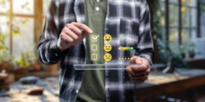 Man interacting with a futuristic digital interface featuring emoji feedback and star ratings, inside a sunny room.